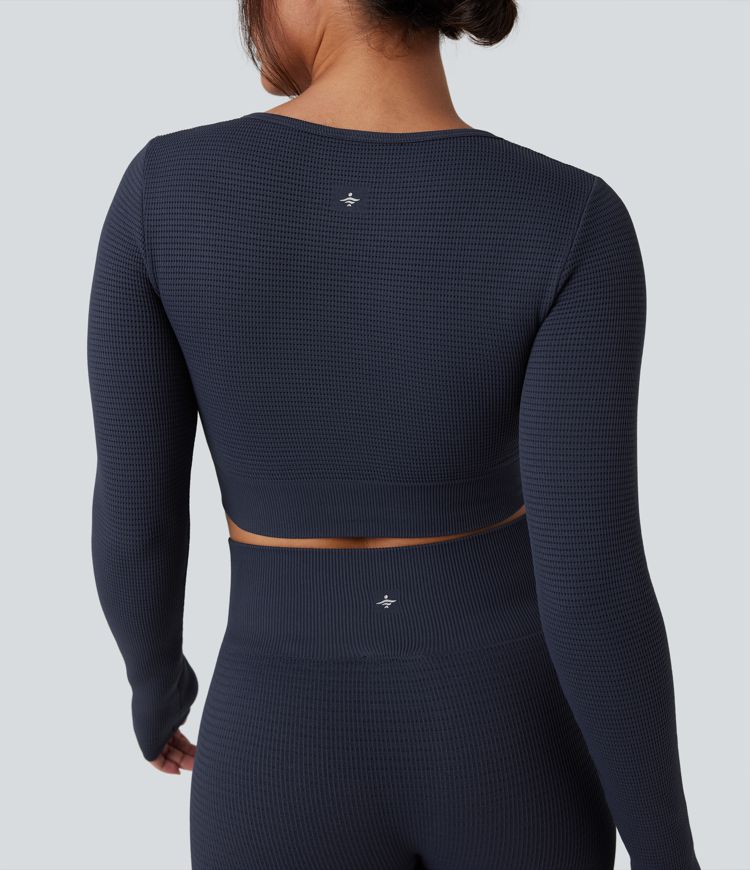 OneForm Seamless Flow Long Sleeve Cropped Waffle Yoga Sports Top