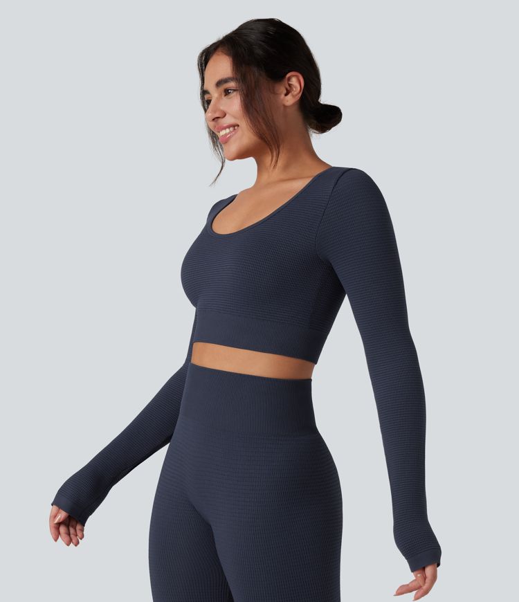OneForm Seamless Flow Long Sleeve Cropped Waffle Yoga Sports Top