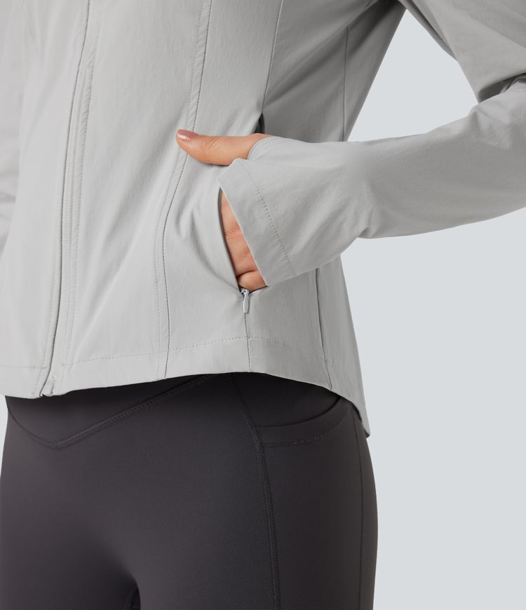 Hooded Long Sleeve Thumb Hole Zipper Hiking Jacket with Pockets-UPF40+