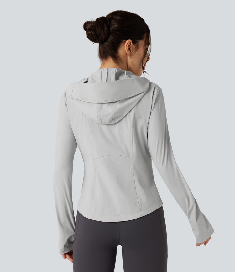 Hooded Long Sleeve Thumb Hole Zipper Hiking Jacket with Pockets-UPF40+