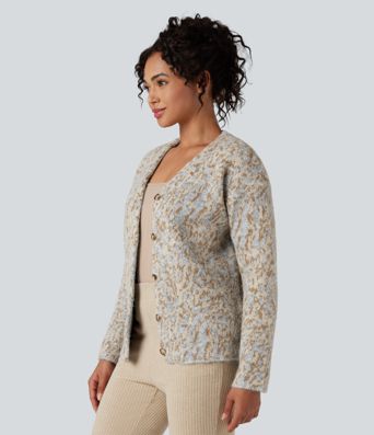 V-neck Leopard Wool-Blend Casual Cardigan