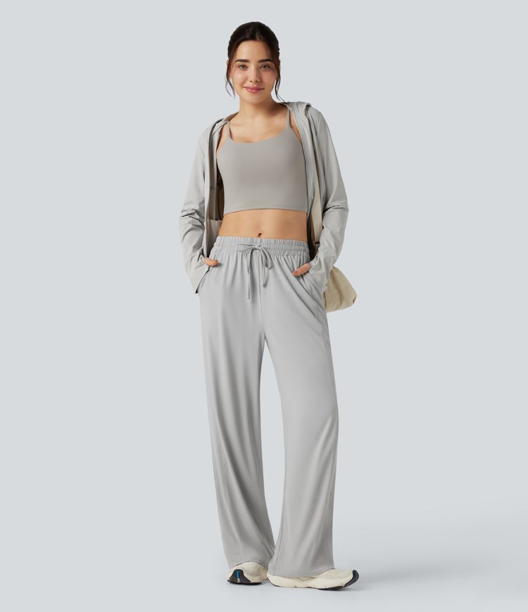 Mid Rise Drawstring Cool Touch Hiking Baggy Pants with Pockets-UPF50+