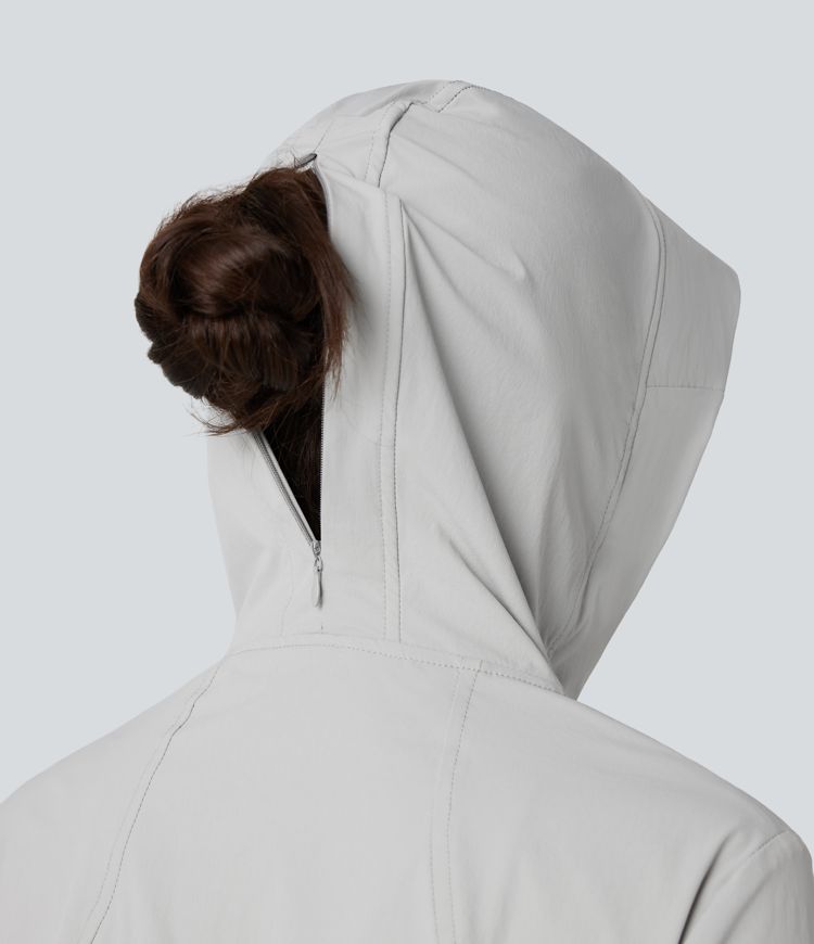 Hooded Long Sleeve Thumb Hole Zipper Hiking Jacket with Pockets-UPF40+