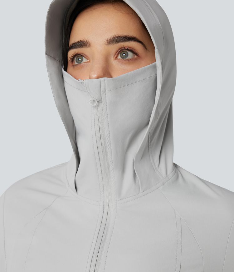 Hooded Long Sleeve Thumb Hole Zipper Hiking Jacket with Pockets-UPF40+