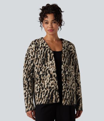 V-Ausschnitt-Cardigan im Leopardenmuster aus Wollmischung, lässig