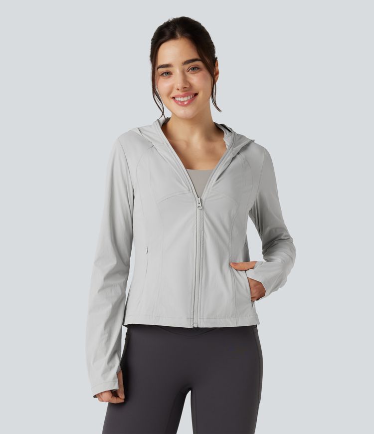 Hooded Long Sleeve Thumb Hole Zipper Hiking Jacket with Pockets-UPF40+