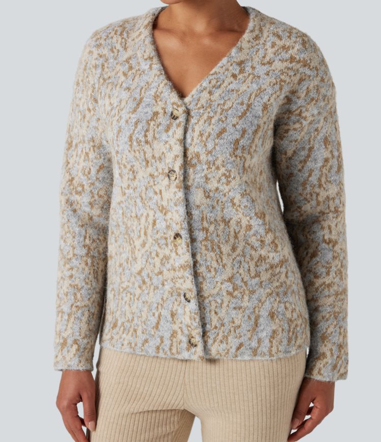 V-neck Leopard Wool-Blend Casual Cardigan