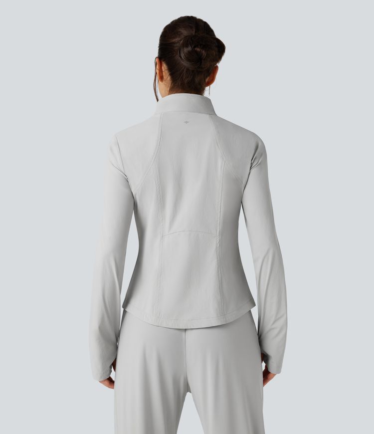 Stand Collar Long Sleeve Thumb Hole Hiking Jacket with Pockets-UPF40+