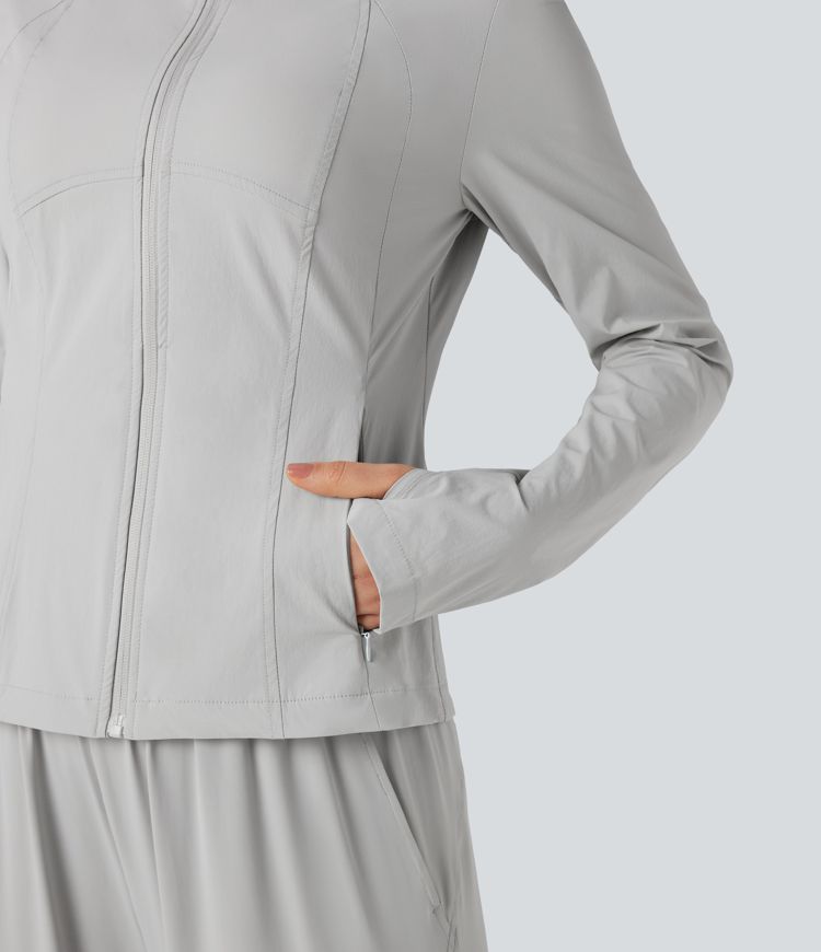 Stand Collar Long Sleeve Thumb Hole Hiking Jacket with Pockets-UPF40+