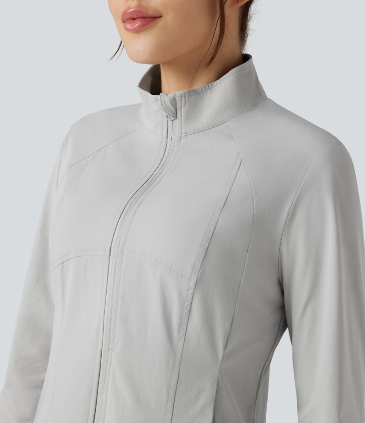 Stand Collar Long Sleeve Thumb Hole Hiking Jacket with Pockets-UPF40+