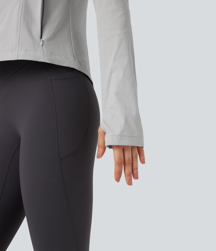 Hooded Long Sleeve Thumb Hole Zipper Hiking Jacket with Pockets-UPF40+