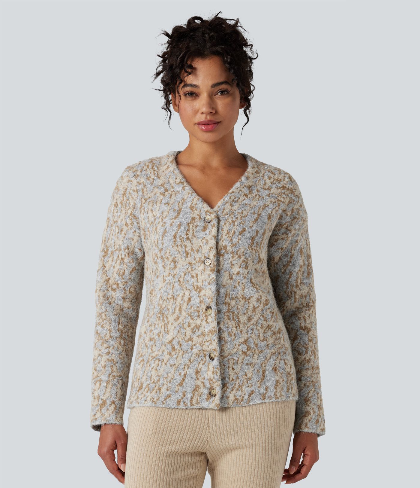 V-neck Leopard Wool-Blend Casual Cardigan