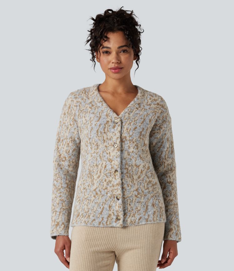 V-neck Leopard Wool-Blend Casual Cardigan