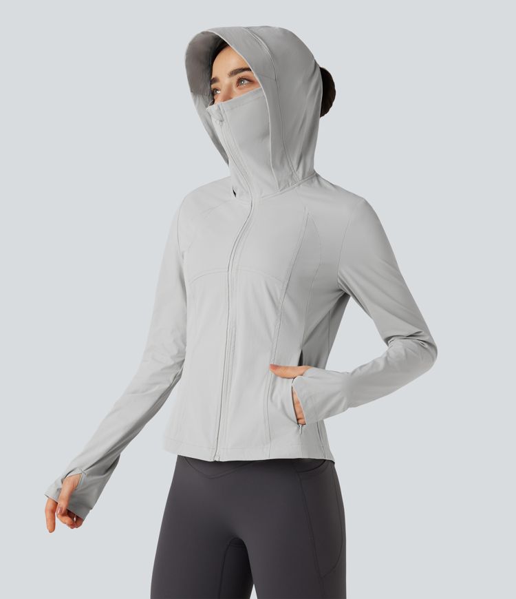 Hooded Long Sleeve Thumb Hole Zipper Hiking Jacket with Pockets-UPF40+