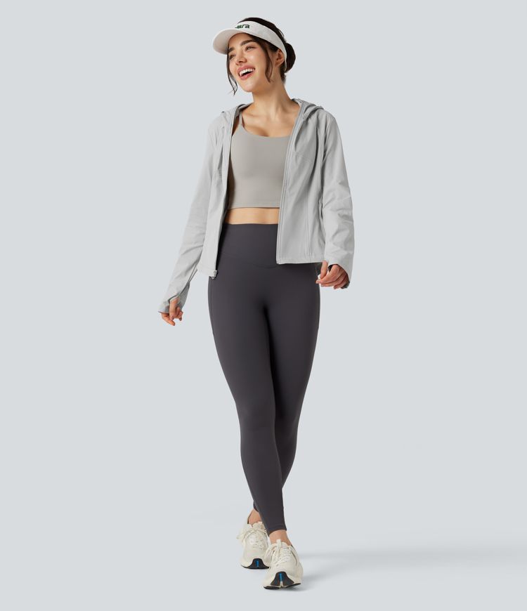 Hooded Long Sleeve Thumb Hole Zipper Hiking Jacket with Pockets-UPF40+