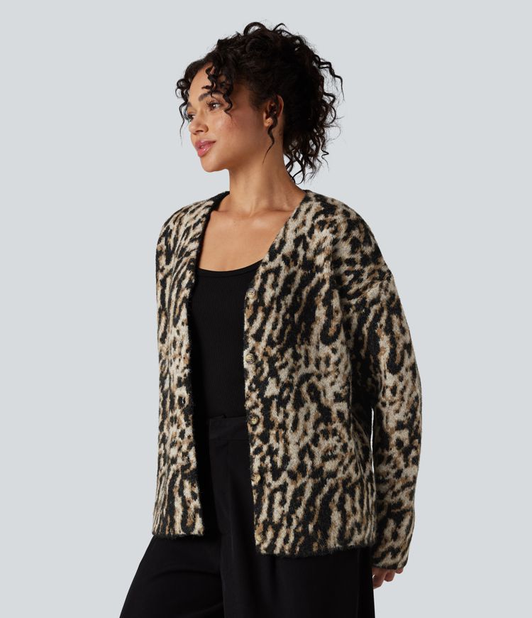 V-Ausschnitt-Cardigan im Leopardenmuster aus Wollmischung, lässig