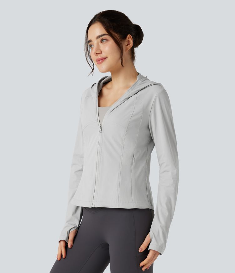 Hooded Long Sleeve Thumb Hole Zipper Hiking Jacket with Pockets-UPF40+