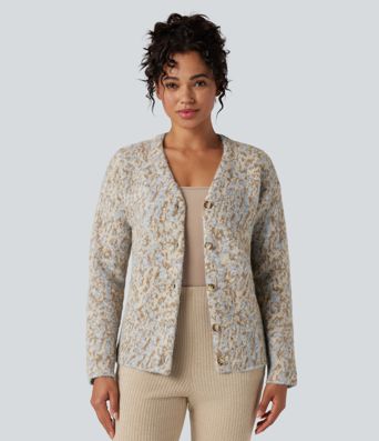 V-neck Leopard Wool-Blend Casual Cardigan