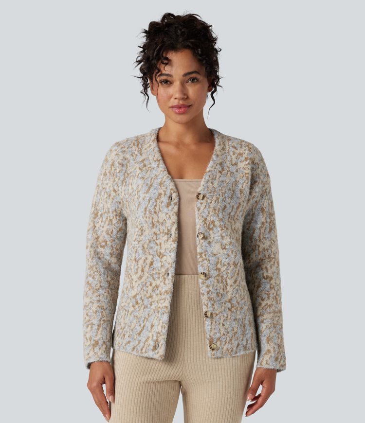 V-neck Leopard Wool-Blend Casual Cardigan