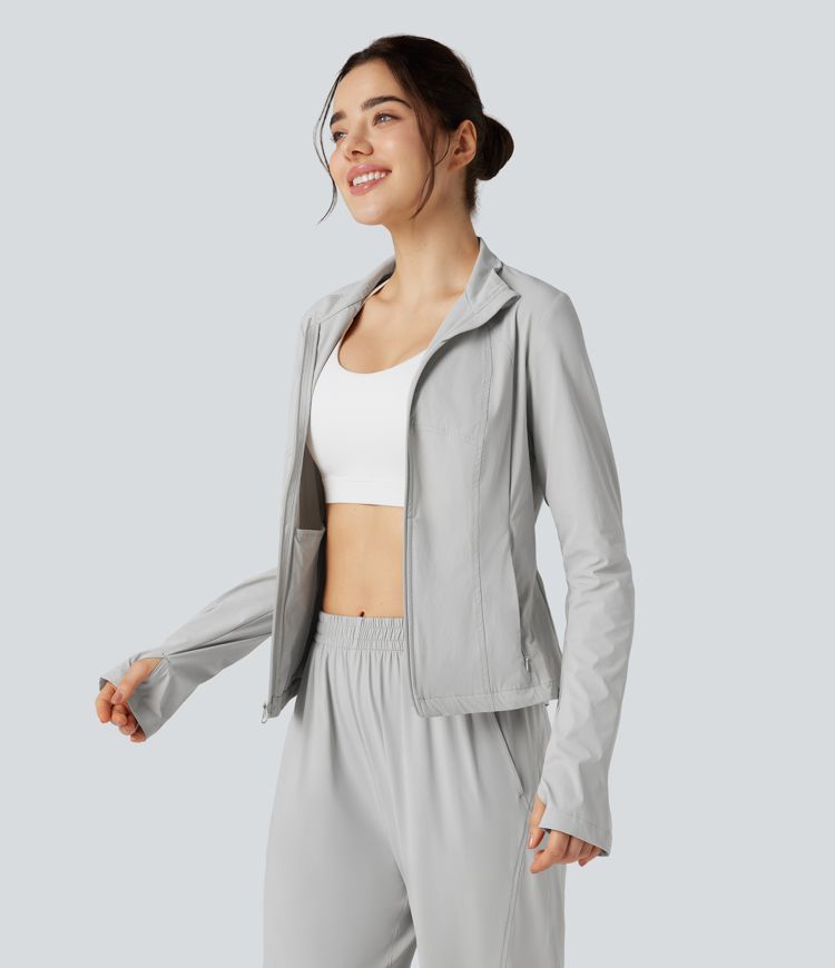 Stand Collar Long Sleeve Thumb Hole Hiking Jacket with Pockets-UPF40+