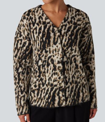 V-Ausschnitt-Cardigan im Leopardenmuster aus Wollmischung, lässig
