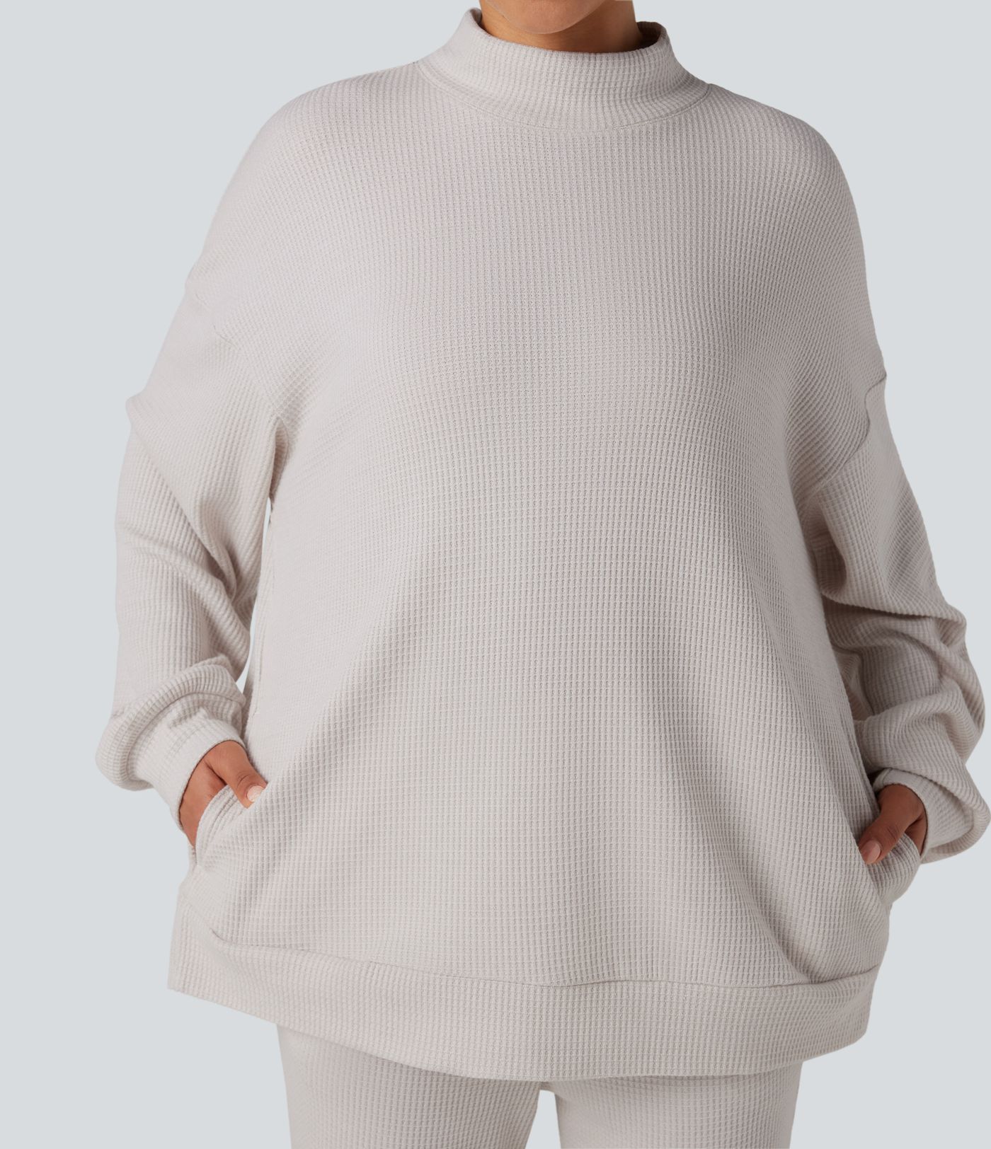 Mock Neck Long Sleeve Relaxed Waffle Casual Sweatshirt with Pockets