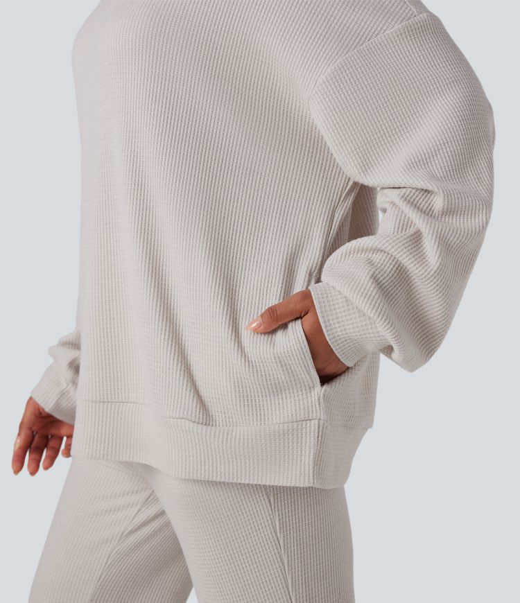 Mock Neck Long Sleeve Relaxed Waffle Casual Sweatshirt with Pockets
