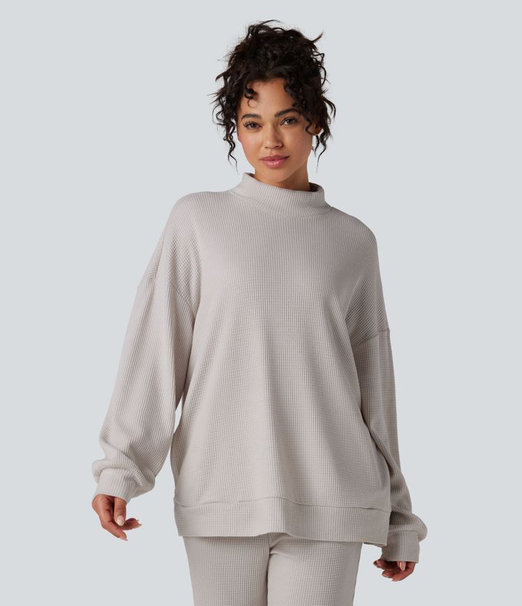 Mock Neck Long Sleeve Relaxed Waffle Casual Sweatshirt with Pockets