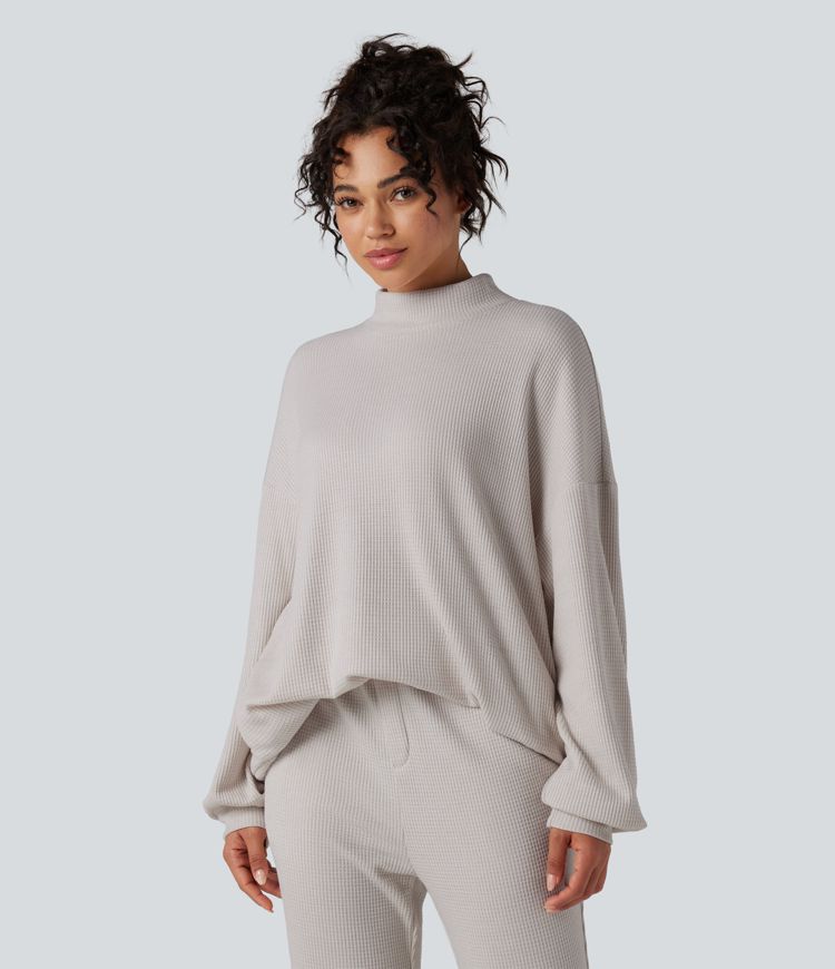 Mock Neck Long Sleeve Relaxed Waffle Casual Sweatshirt with Pockets