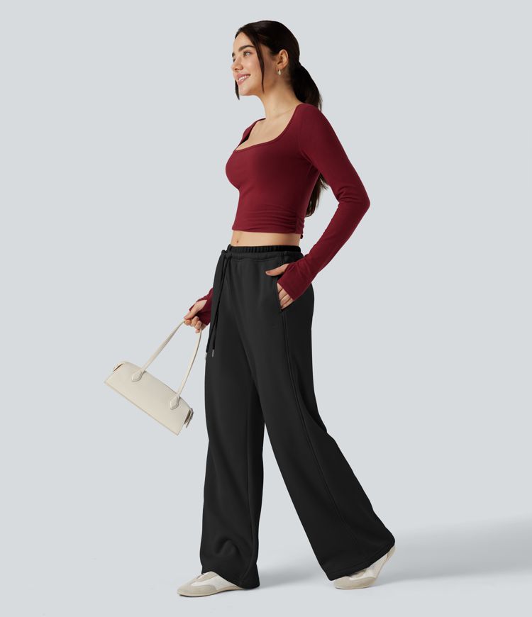 Mid Rise Drawstring Wide Leg Fleece Casual Trackpants with Pockets