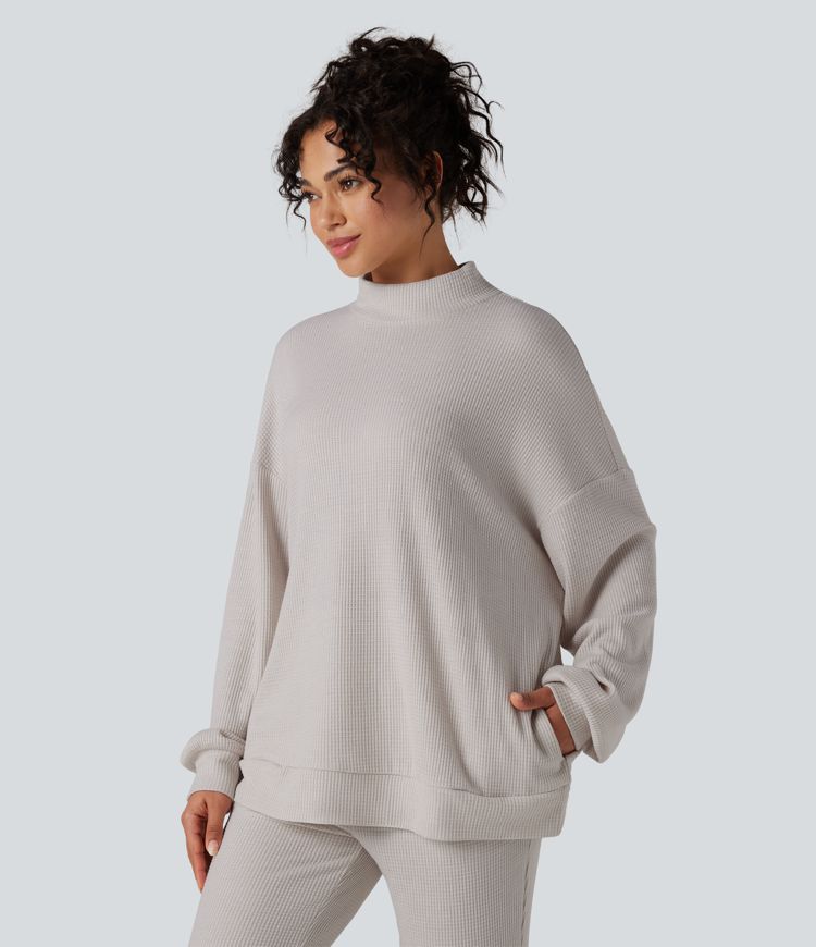 Mock Neck Long Sleeve Relaxed Waffle Casual Sweatshirt with Pockets