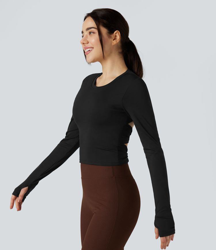 Round Neck Long Sleeve Thumb Hole Yoga Sports Top