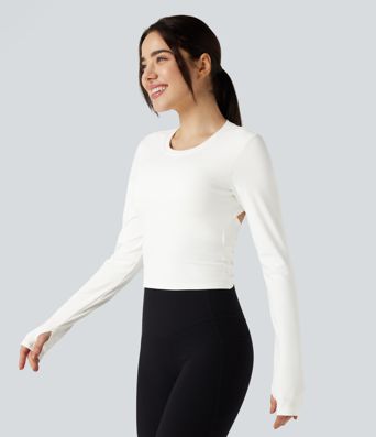 Round Neck Long Sleeve Thumb Hole Yoga Sports Top