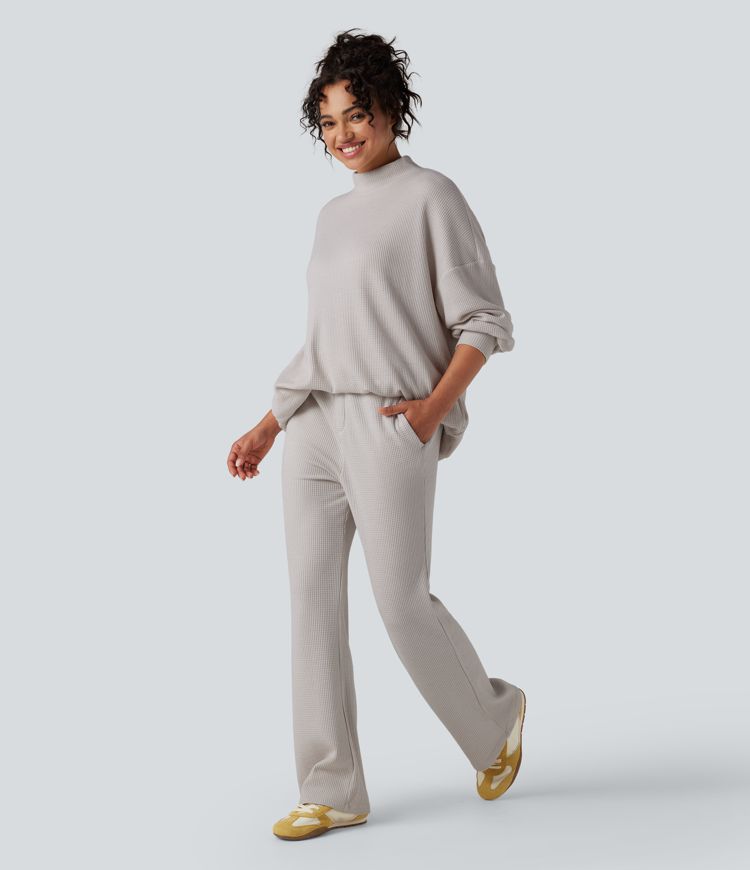 Mock Neck Long Sleeve Relaxed Waffle Casual Sweatshirt with Pockets