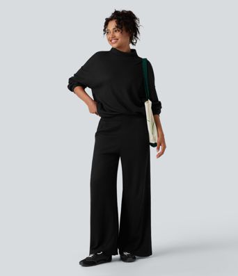 Sweatshirt mit Stehkragen (Mock Neck), langen Ärmeln, lockerem Schnitt, Waffelstruktur und Taschen