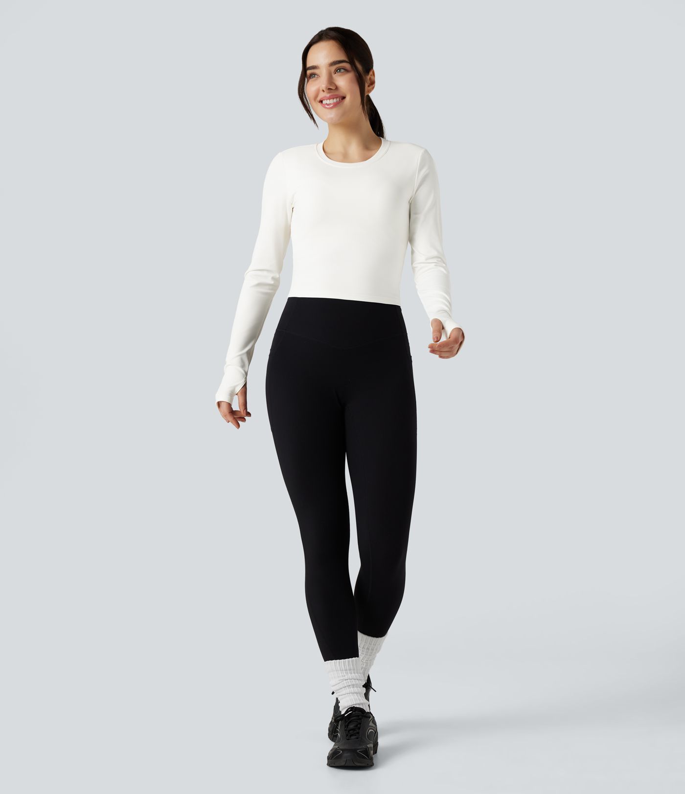 Round Neck Long Sleeve Thumb Hole Yoga Sports Top