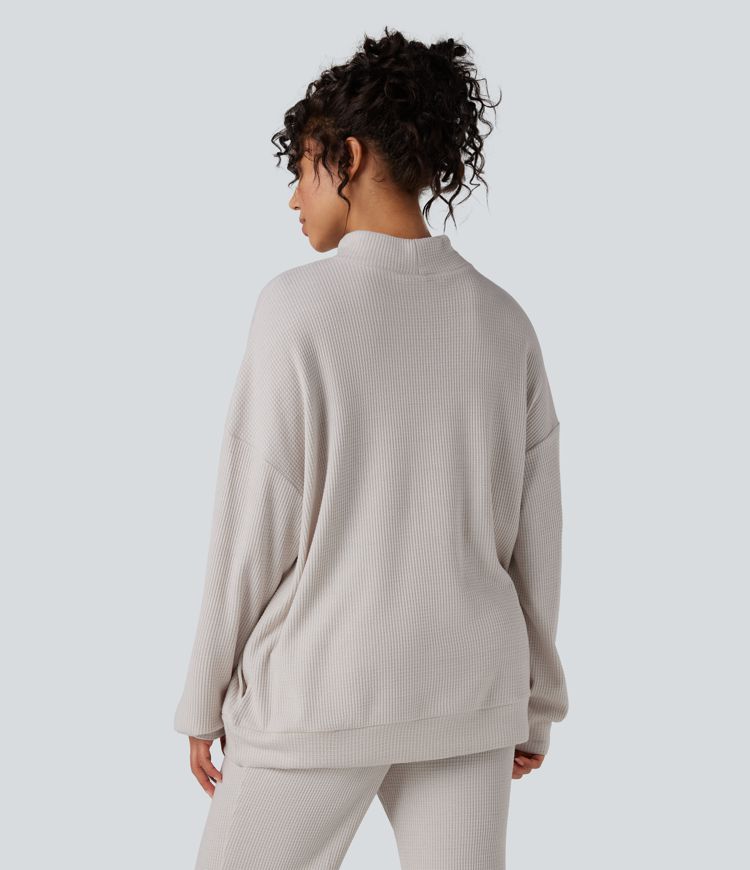 Mock Neck Long Sleeve Relaxed Waffle Casual Sweatshirt with Pockets