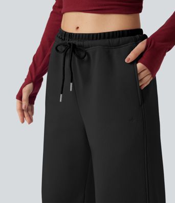 Mid Rise Drawstring Wide Leg Fleece Casual Trackpants with Pockets