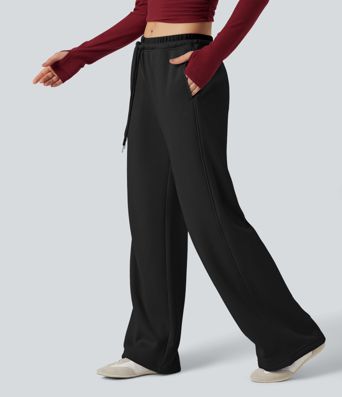 Mid Rise Drawstring Wide Leg Fleece Casual Trackpants with Pockets