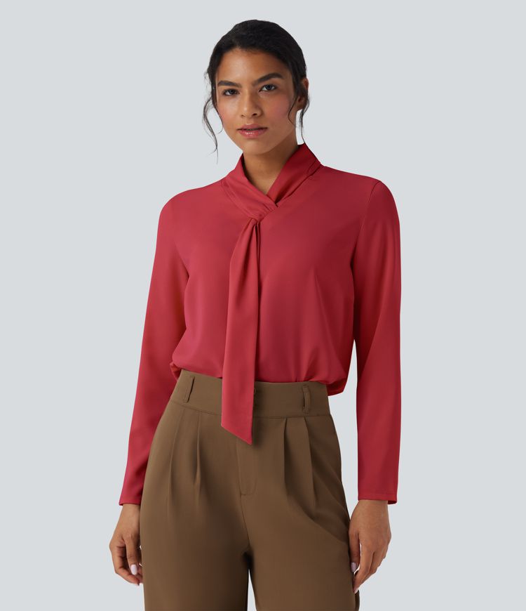 Wrinkle-resistant Scarf Neck Long Sleeve Work Shirt