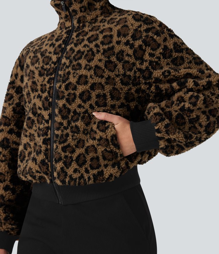 High-neck Contrast Ribbed Zip Fly Casual Sherpa Jacket with Pockets