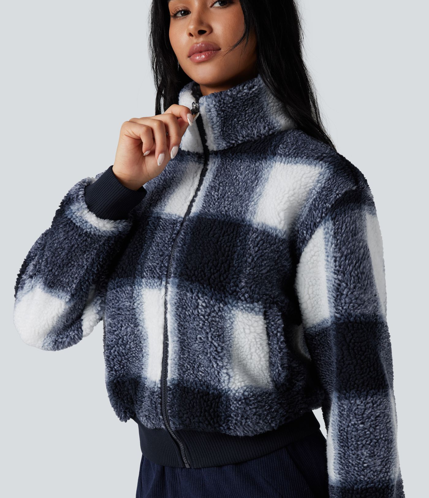 High-neck Contrast Ribbed Zip Fly Casual Sherpa Jacket with Pockets