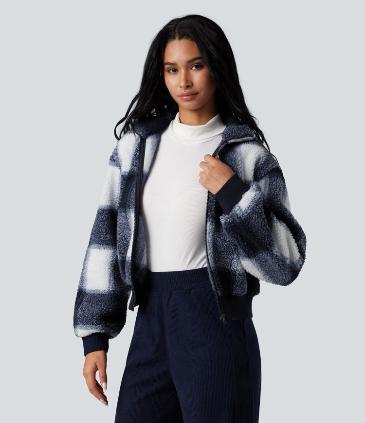 High-neck Contrast Ribbed Zip Fly Casual Sherpa Jacket with Pockets