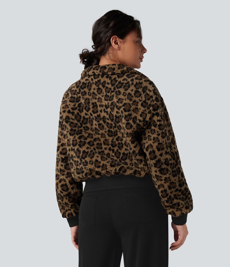 High-neck Contrast Ribbed Zip Fly Casual Sherpa Jacket with Pockets