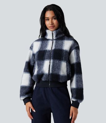 High-neck Contrast Ribbed Zip Fly Casual Sherpa Jacket with Pockets