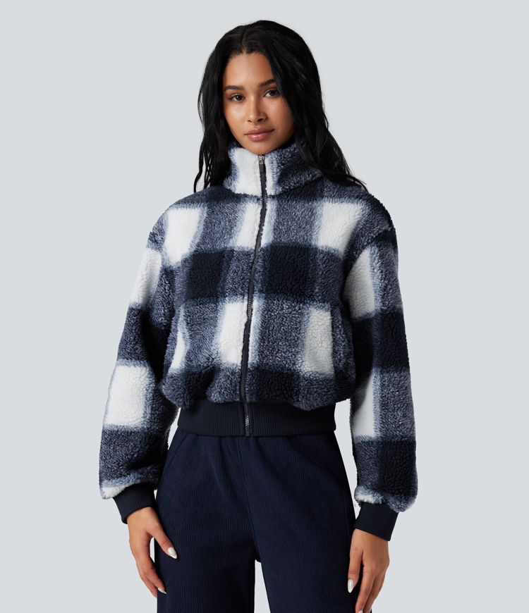 High-neck Contrast Ribbed Zip Fly Casual Sherpa Jacket with Pockets