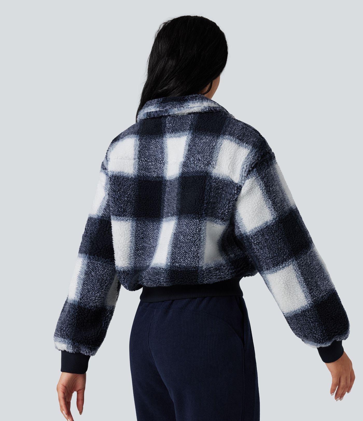 High-neck Contrast Ribbed Zip Fly Casual Sherpa Jacket with Pockets