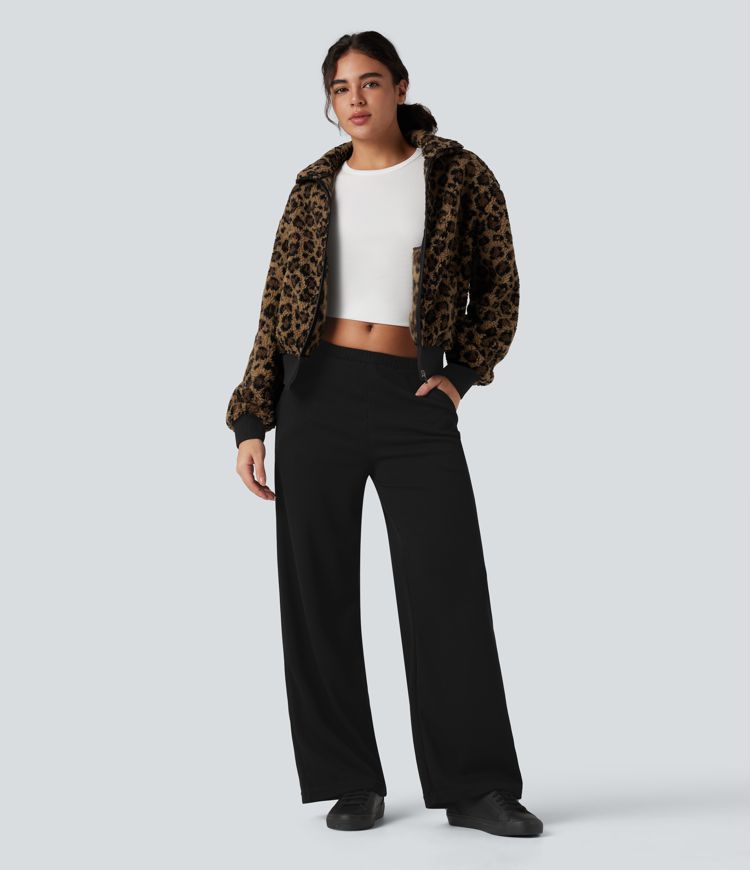 High-neck Contrast Ribbed Zip Fly Casual Sherpa Jacket with Pockets