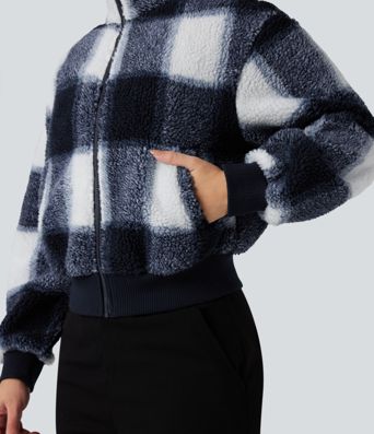 High-neck Contrast Ribbed Zip Fly Casual Sherpa Jacket with Pockets