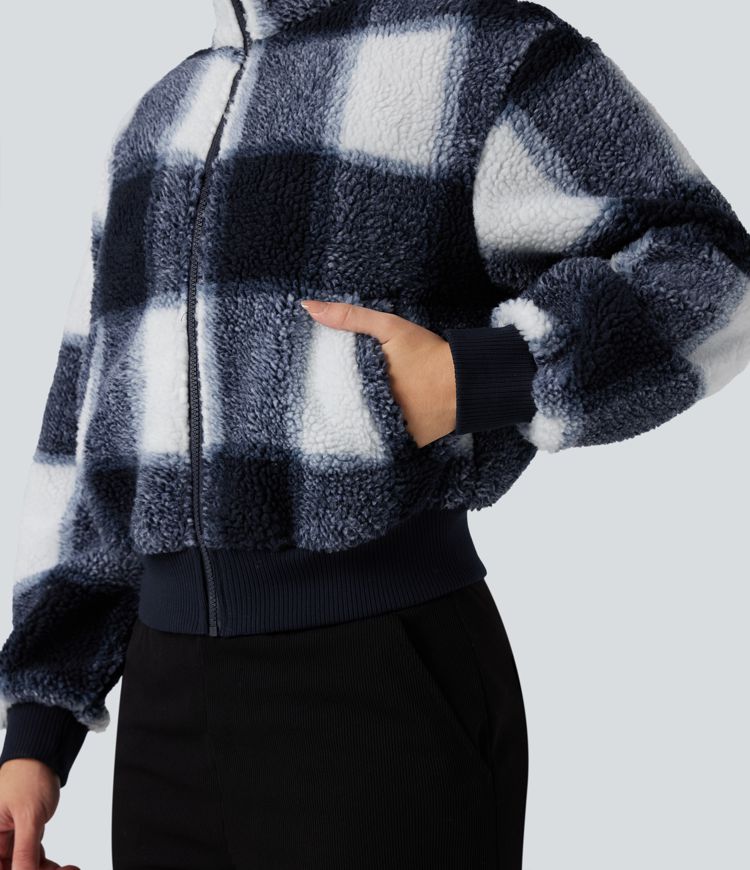 High-neck Contrast Ribbed Zip Fly Casual Sherpa Jacket with Pockets